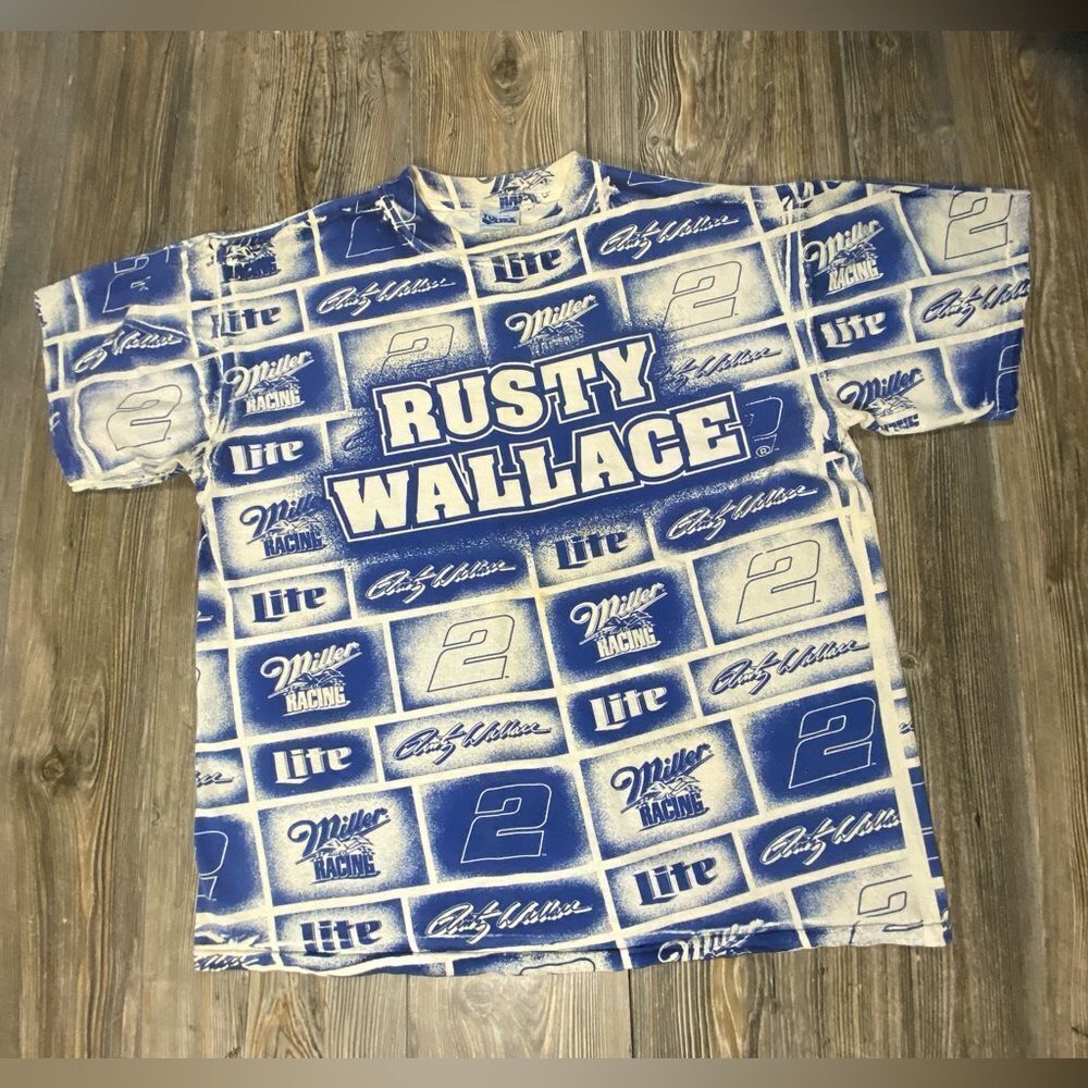 Vintage 90s Rusty Wallace NASCAR All Over Print T-shirt XL Miller Racing